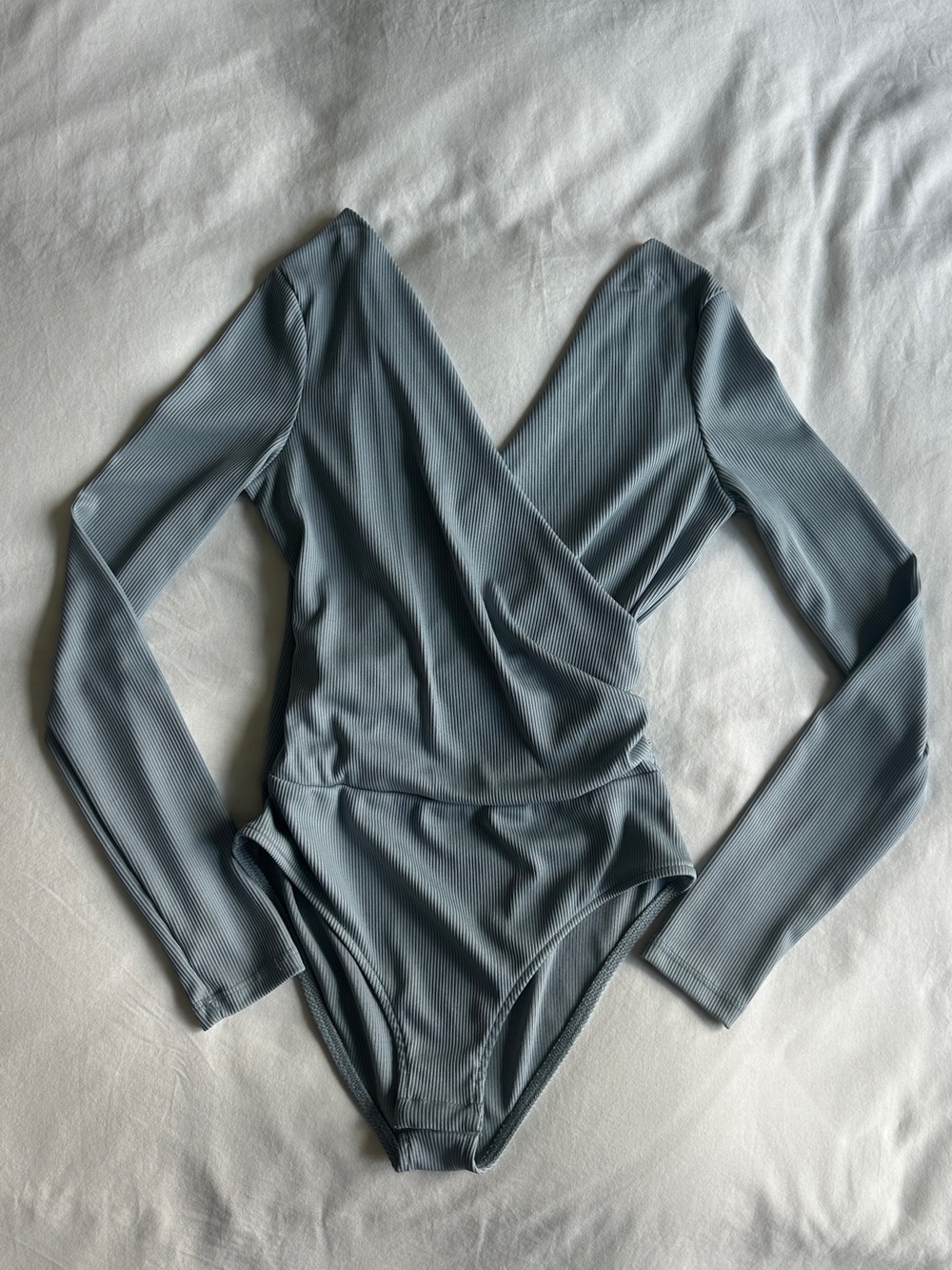 Topshop Ribbed Wrap-Front Long Sleeve Bodysuit in Steel Blue